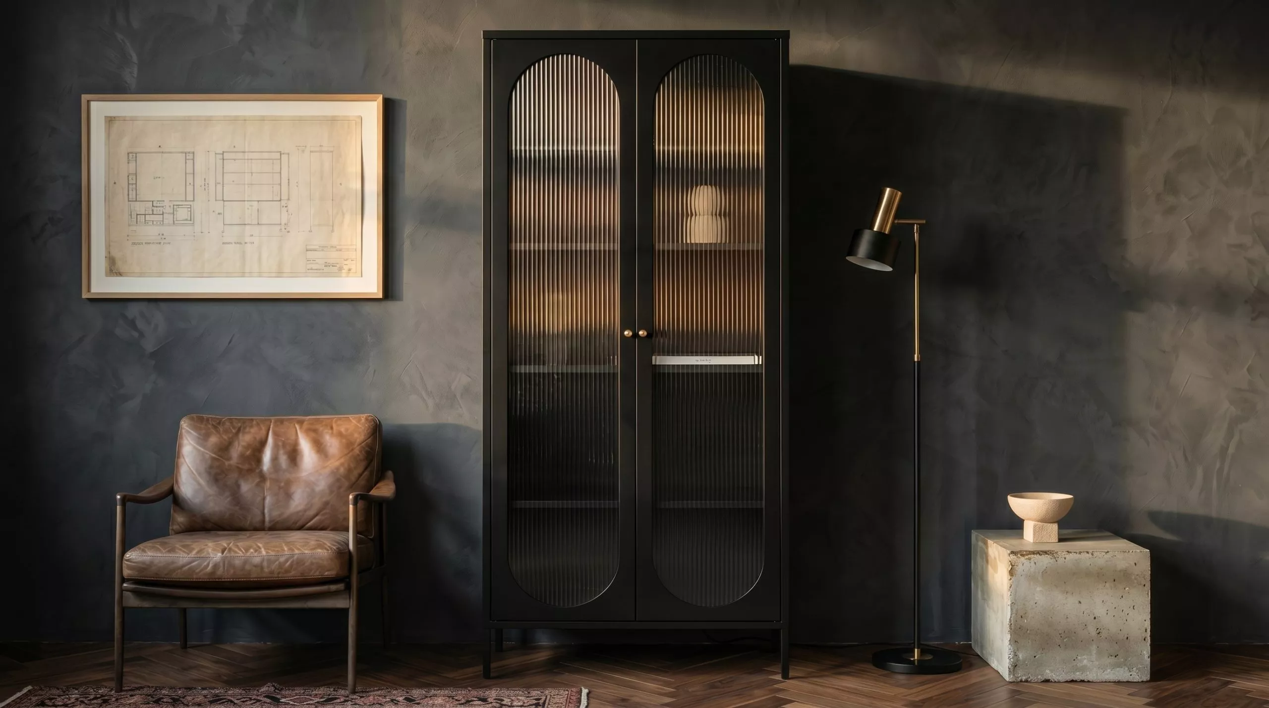 Vitrine colonne en acier laqué noir mat à deux longues arches percées et verre cannelé, salon mature aux murs enduit gris sombre, parquet chevron, fauteuil cuir camel patiné, lampadaire laiton et plinthe béton brut avec bol pierre
