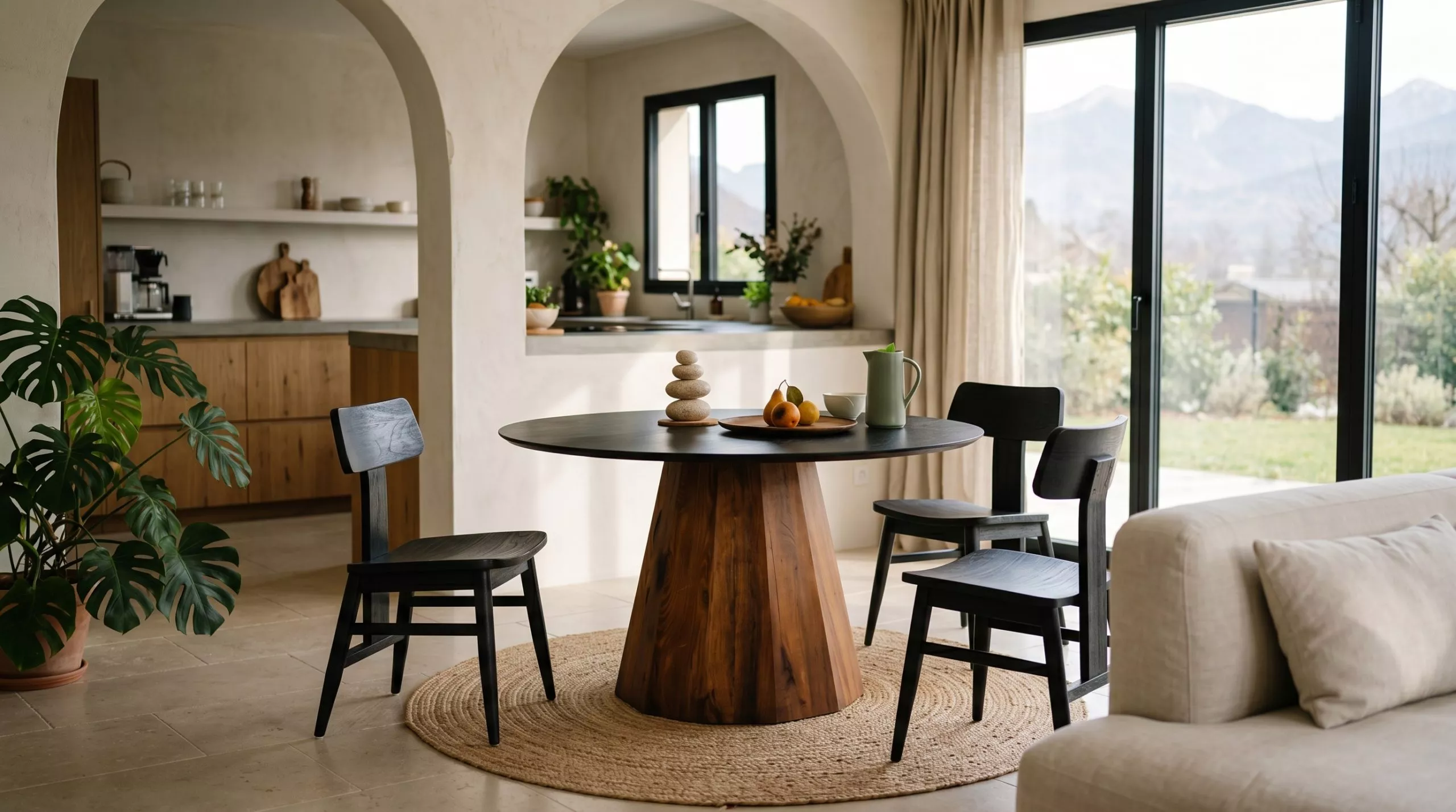 Table à manger ronde en pin recyclé à fût central monobloc et plateau noir laqué, salle à manger japandi aux arches enduit beige avec chaises bois noir, tapis jonc tressé et baie vitrée ouverte sur jardin de montagne