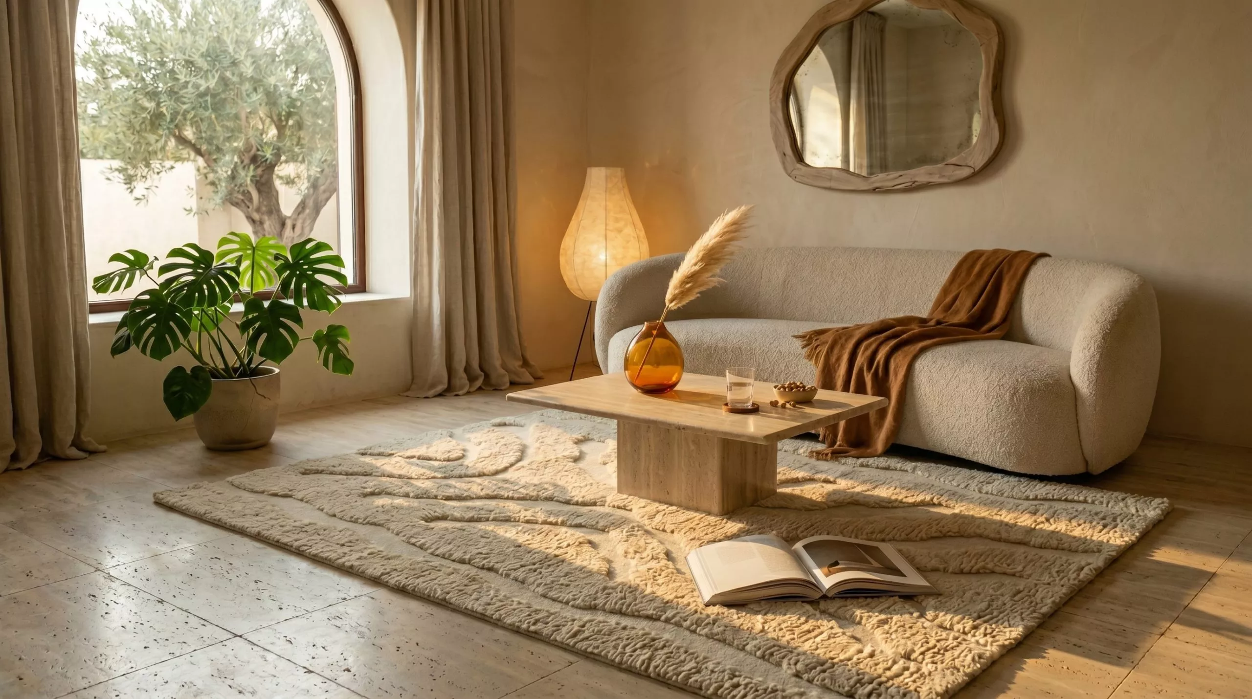 Tapis en laine beige aux reliefs sculptés ton sur ton et motifs organiques galets, salon méditerranéen aux murs enduit beige clair, baie à arche sur olivier en pot, canapé bouclé crème et table en travertin