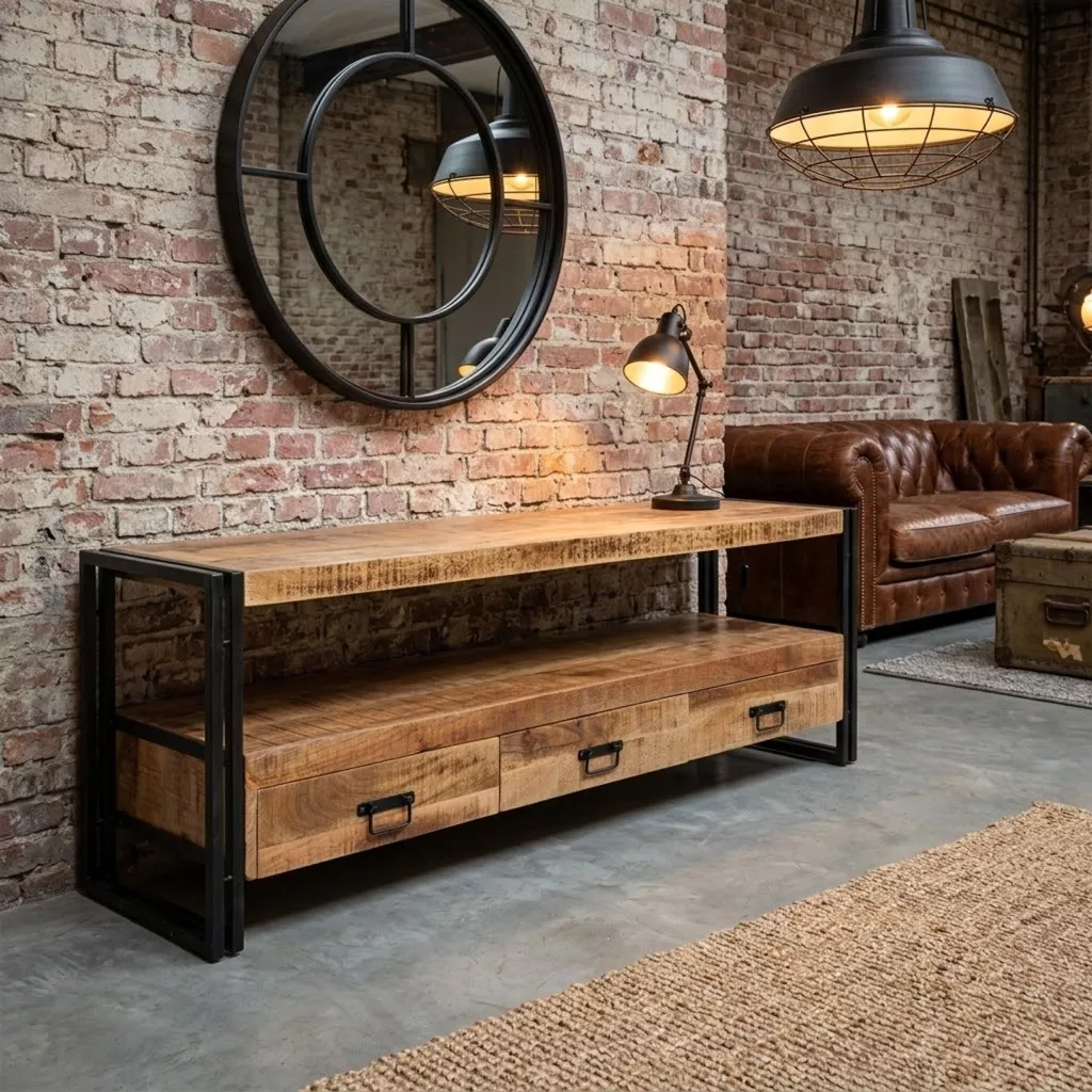 Buffet bas en bois tropical et acier noir dans un loft aux murs de briques, miroir rond noir et canapé en cuir patiné