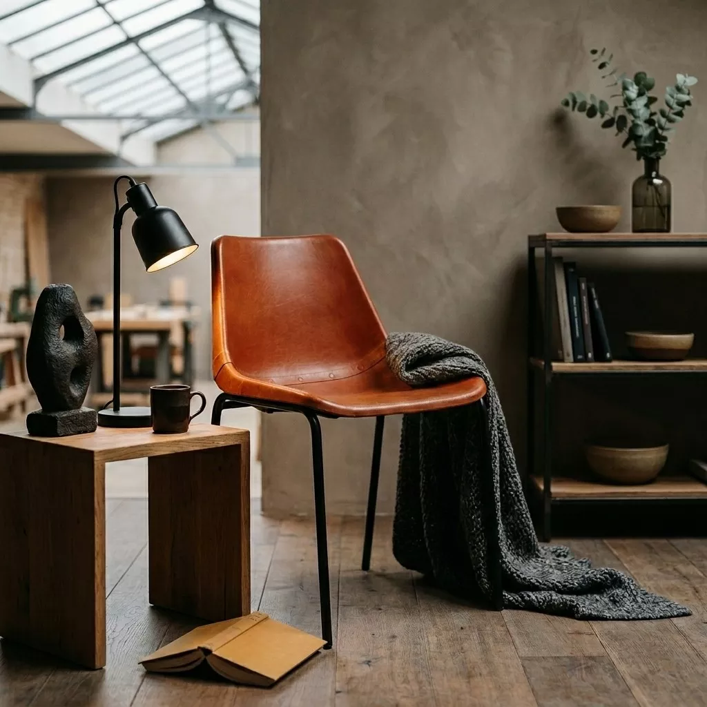 Chaise en cuir cognac et piètement acier noir, loft aux murs en béton, lampe d'appoint noire et étagère en bois