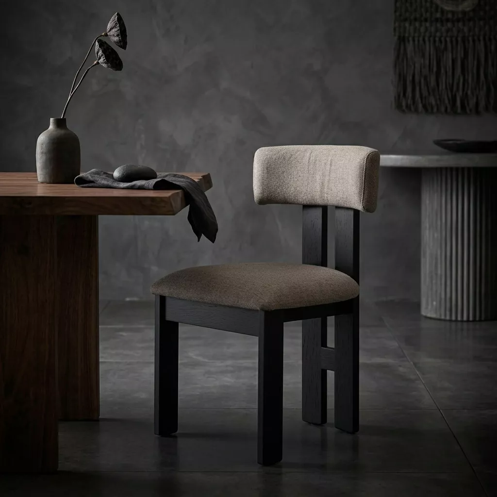 Chaise tissu taupe sur structure orme laqué noir mat, scène sombre et texturée, banc en bois et mur enduit gris foncé