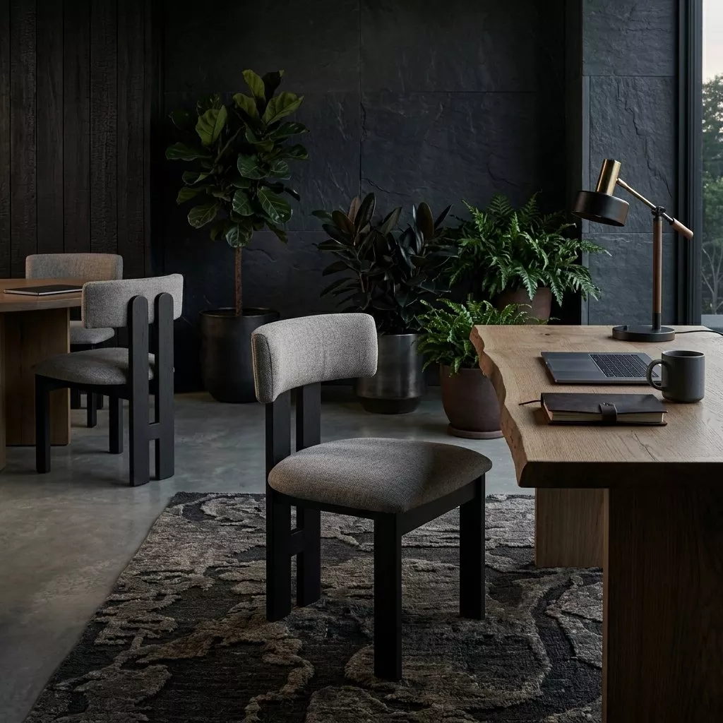 Chaise tissu taupe et structure noir mat dans un bureau sombre, bureau en bois brut, lampe en métal et plantes vertes