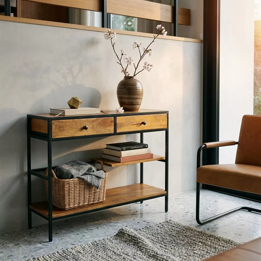 Console en manguier et acier noir dans un salon, vase de branches fleuries et livres sur le plateau, fauteuil en cuir cognac
