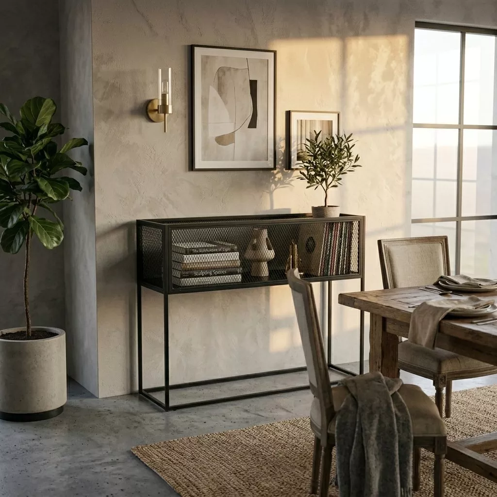 Console acier noir au caisson de grillage déployé près d'une table en bois brut, applique en métal doré et mur en enduit gris