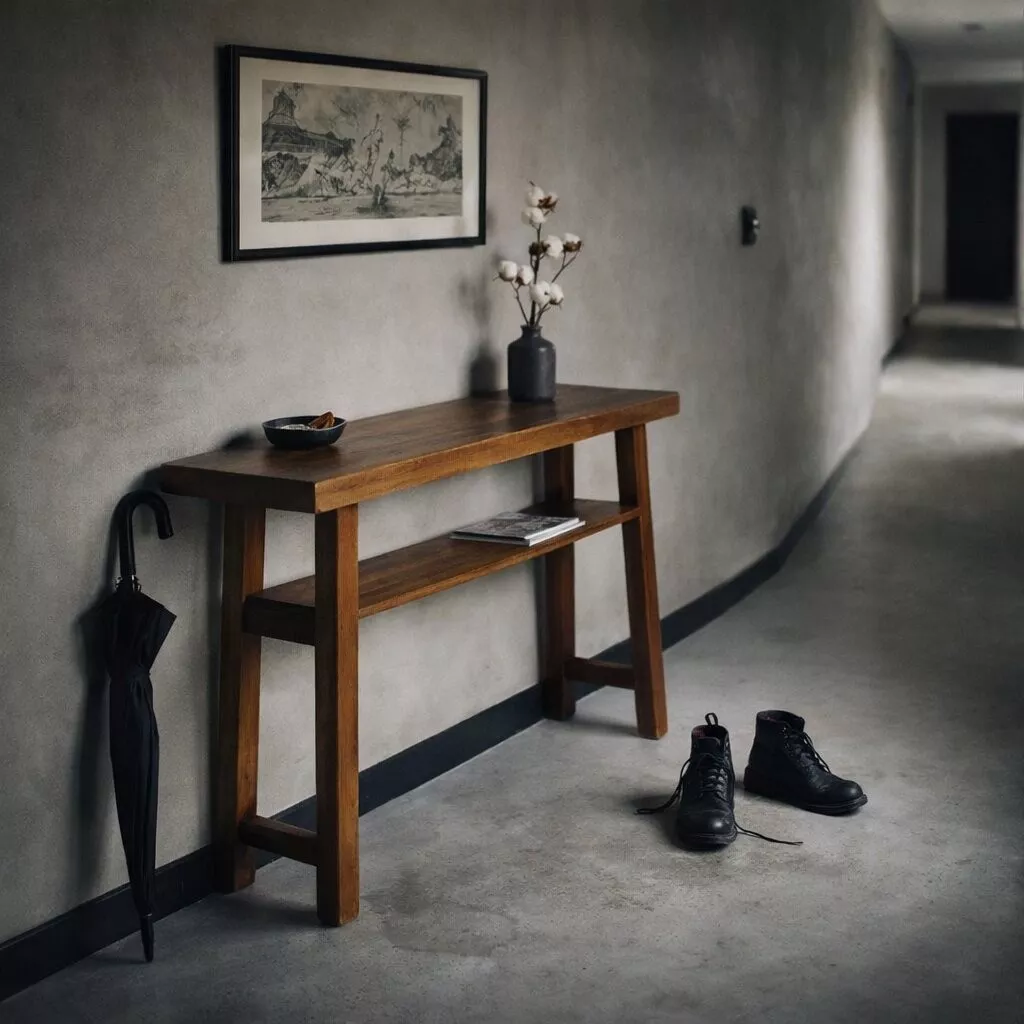 Console pin recyclé massif sur sol béton, mur enduit gris et plinthe noire, vase sombre et branches sèches, atmosphère épurée