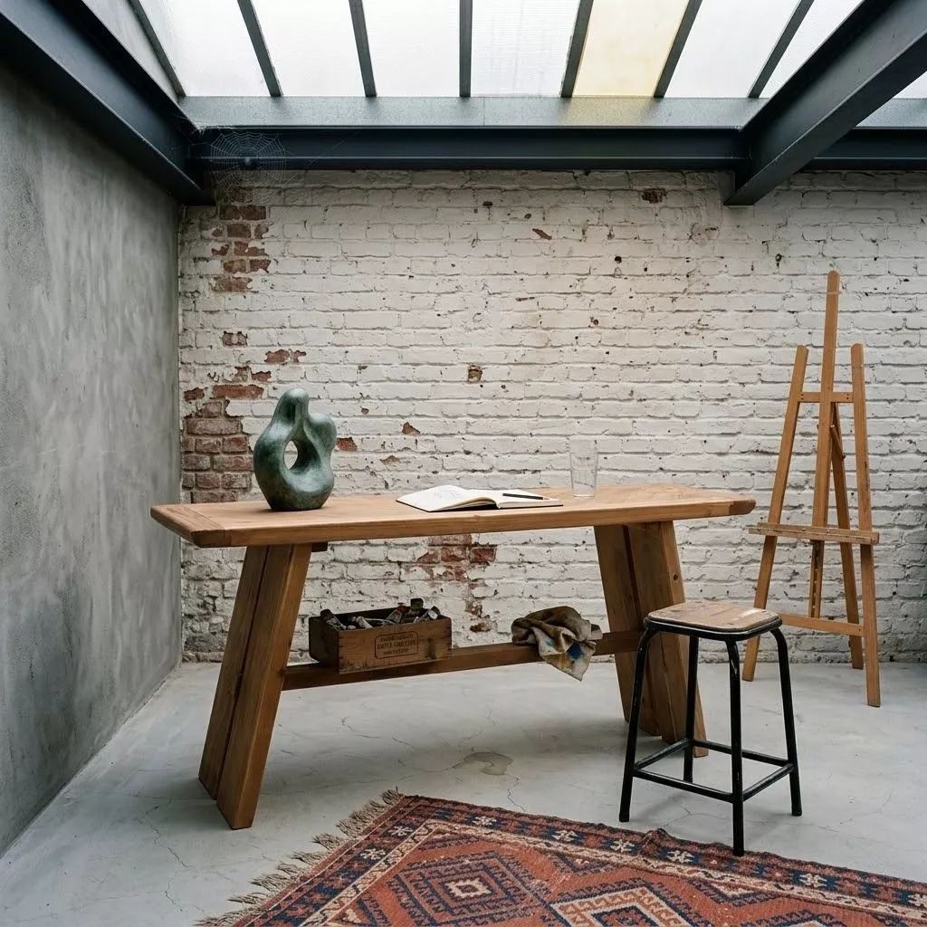 Console pin recyclé massif au plateau en épis, atelier verrière, mur briques blanchies, sculpture bronze et tapis à motifs.