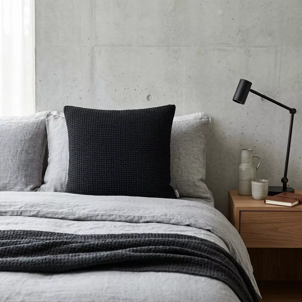Coussin gaufré noir posé sur un lit en linge de lit gris, mur en béton brut et lampe articulée noire sur table en bois.