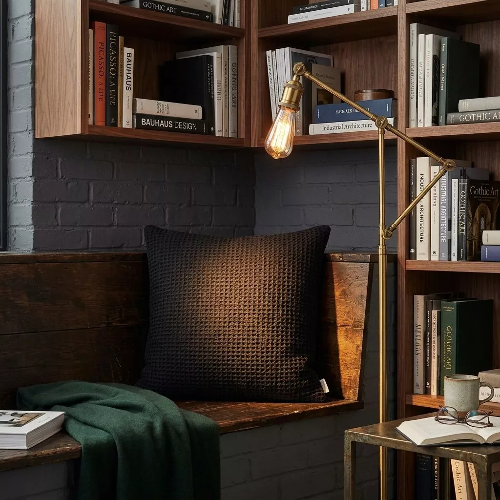 Coussin gaufré noir sur un banc en bois patiné, bibliothèque garnie de livres et lampe en laiton articulée.