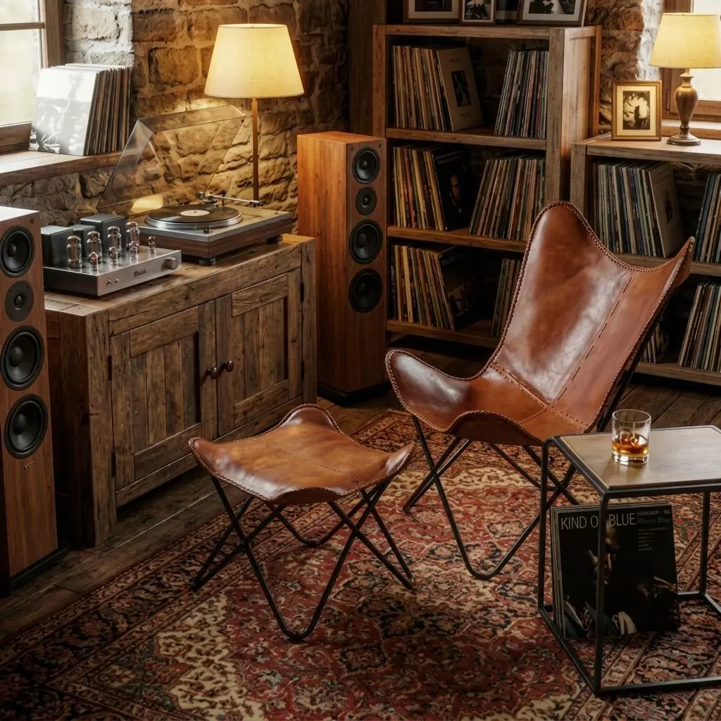 Fauteuil butterfly en cuir caramel dans un studio musique à mur brique, entouré de vinyles vintage et d'équipement hi-fi