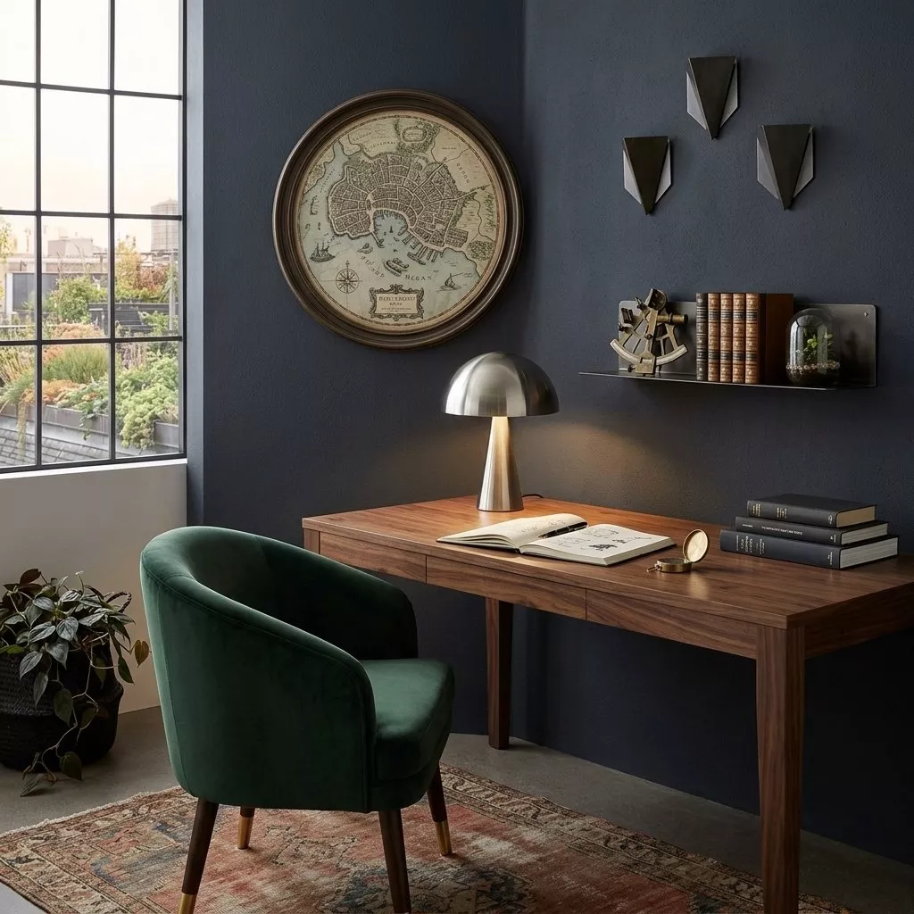 Lampe à poser champignon en fer nickel brossé sur un bureau en bois, mur bleu nuit et fauteuil en velours vert