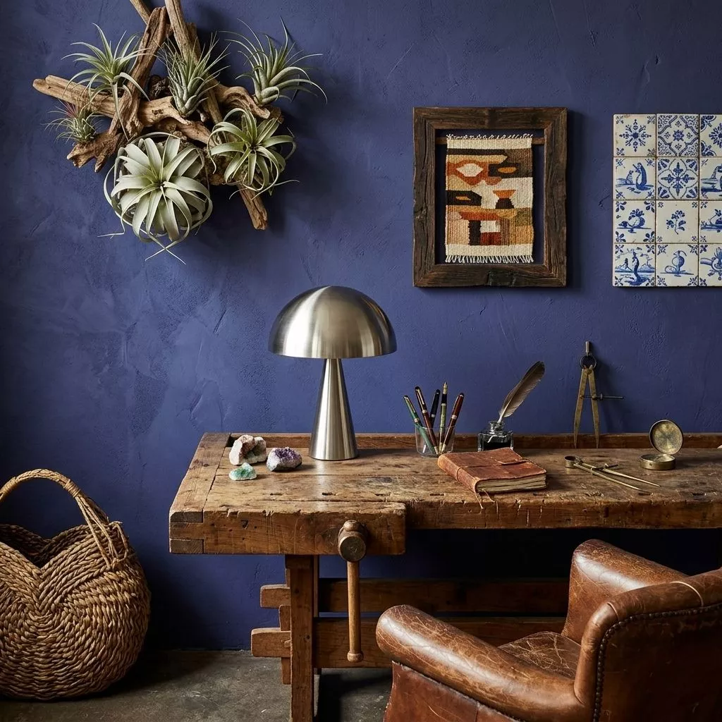 Lampe à poser champignon en fer nickel brossé sur un établi en bois brut, mur bleu et fauteuil en cuir patiné