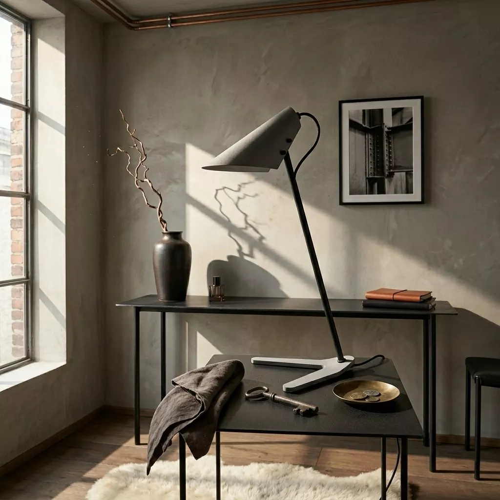Lampe à poser béton et acier noir sur console métal, mur enduit gris brut et fenêtre industrielle en lumière rasante