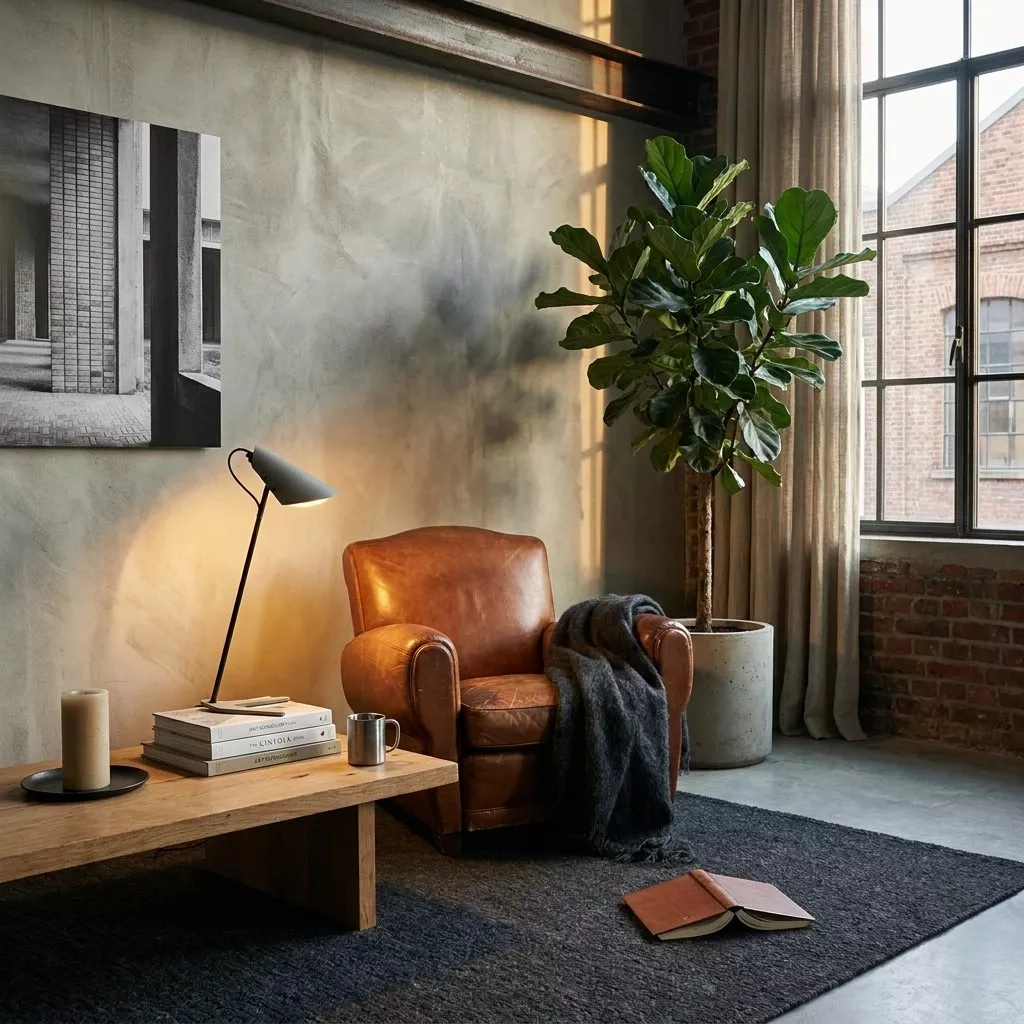 Lampe à poser béton et acier noir sur table basse bois, fauteuil cuir patiné et mur enduit brut sous lumière chaude