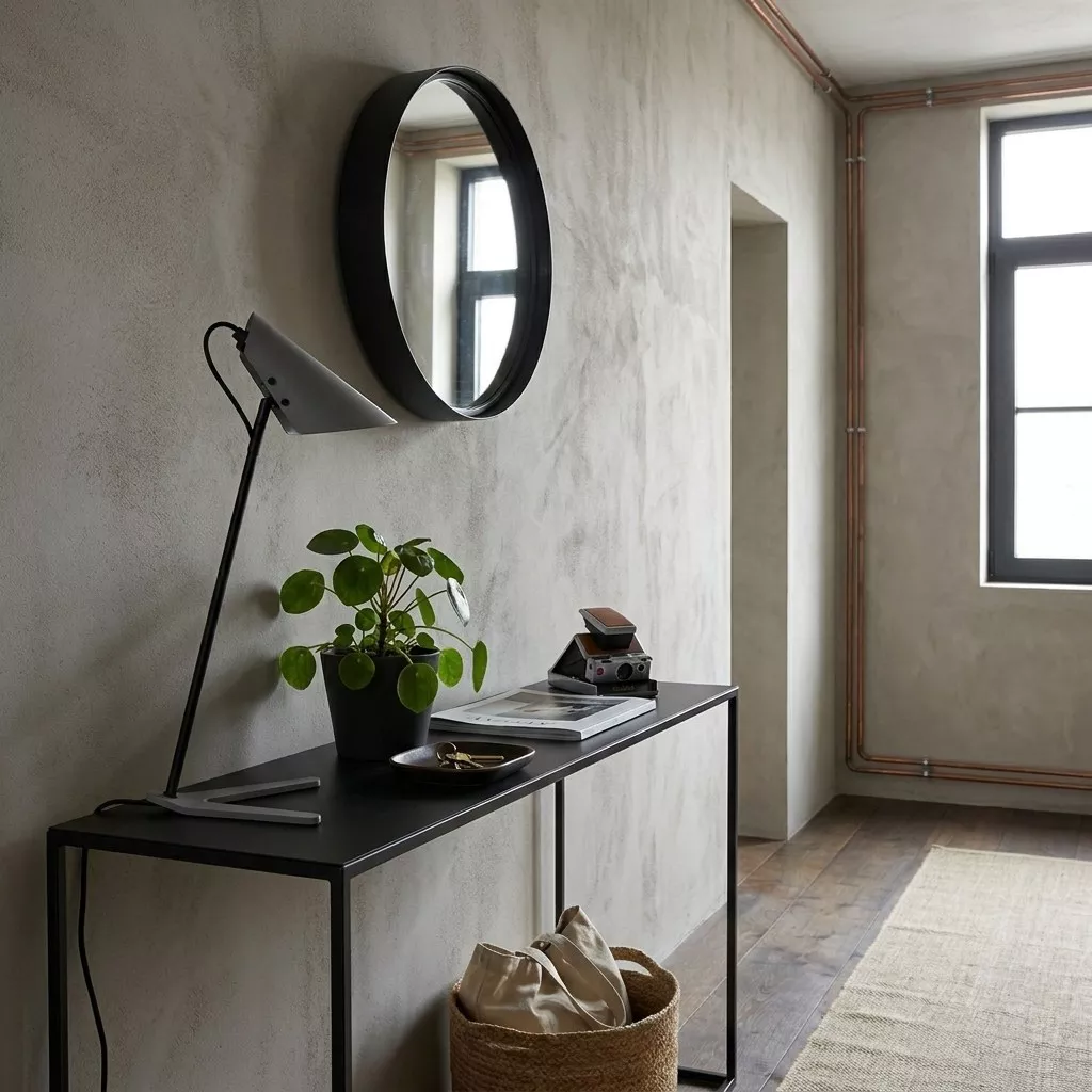 Lampe à poser béton sur console métal noire en entrée, miroir rond noir au mur, plante en pot et conduits cuivre