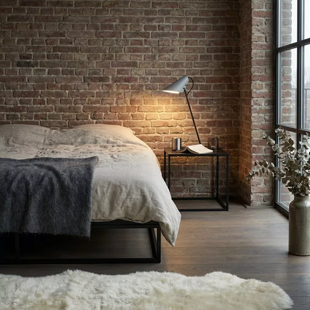 Lampe à poser béton sur table de nuit métal noire devant un mur de brique rouge, linge de lit lin écru