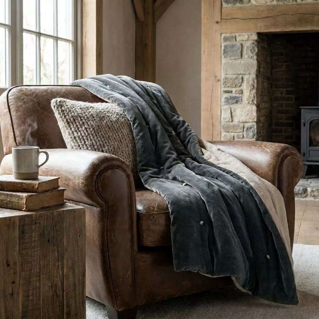 Plaid en velours de coton anthracite drapé sur fauteuil club cuir cognac patiné, cheminée brique brute et étagères ouvertes bois récupéré