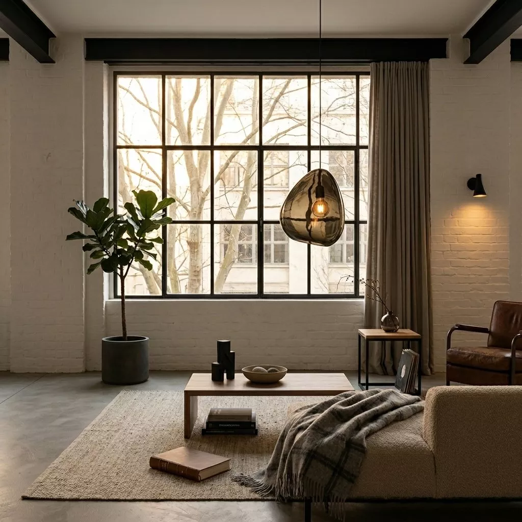 Suspension en verre fumé brun près d'une fenêtre en acier noir, loft aux murs de brique blanche et fauteuil en cuir cognac