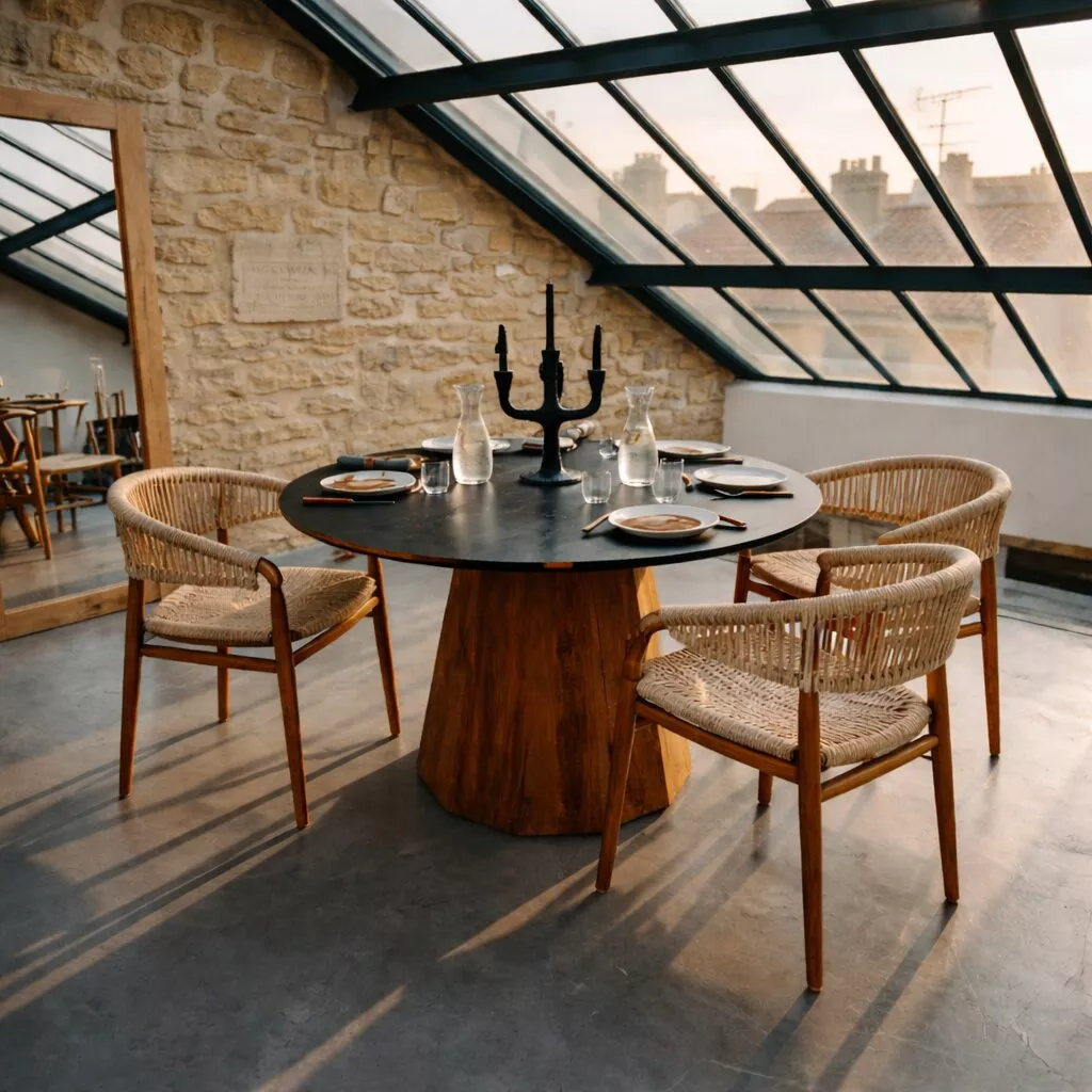 Table ronde à plateau noir et base en pin recyclé sous une verrière d'atelier, murs en pierre et chaises en corde