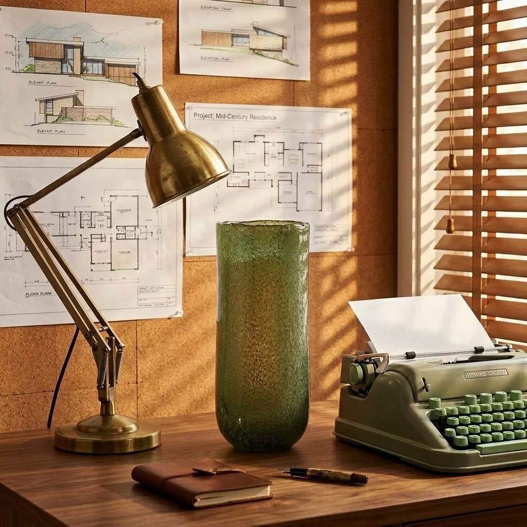 Vase cylindrique en verre vert olive sur un bureau en bois, lampe d'architecte en laiton et plans sur un mur en liège