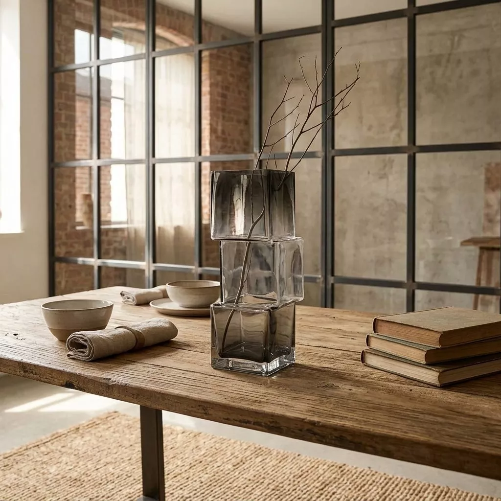 Vase verre fumé trois cubes empilés sur table bois patiné, verrière atelier en arrière-plan, bols céramique et livres reliés