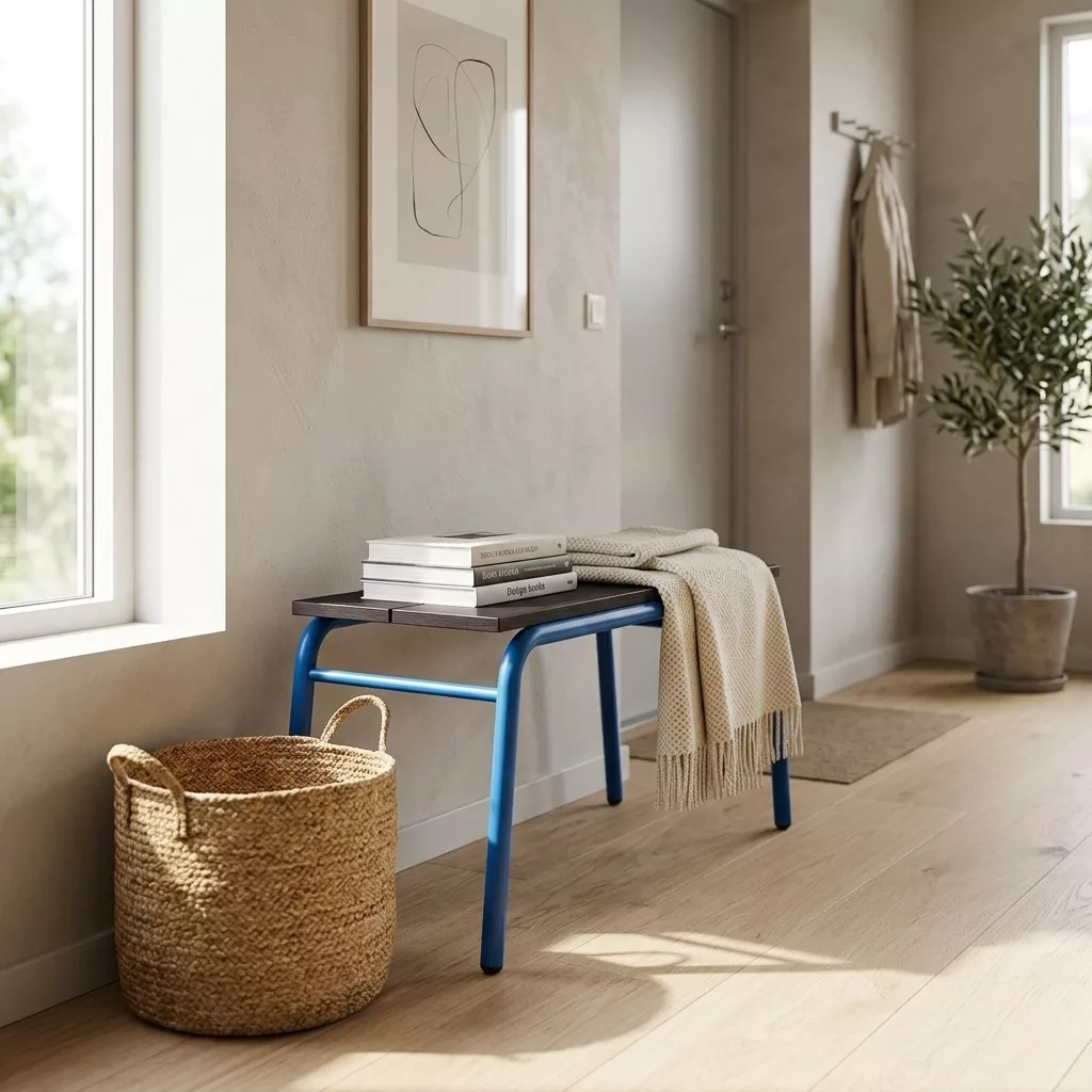 Banc bleu tubulaire à plateau bois sombre dans une entrée épurée, panier tressé, plaid crème frangé et parquet chêne clair