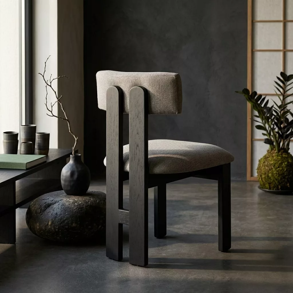 Chaise tissu taupe et structure orme noir mat vue de dos, paroi en bois clair, céramiques et branche dans un vase sombre