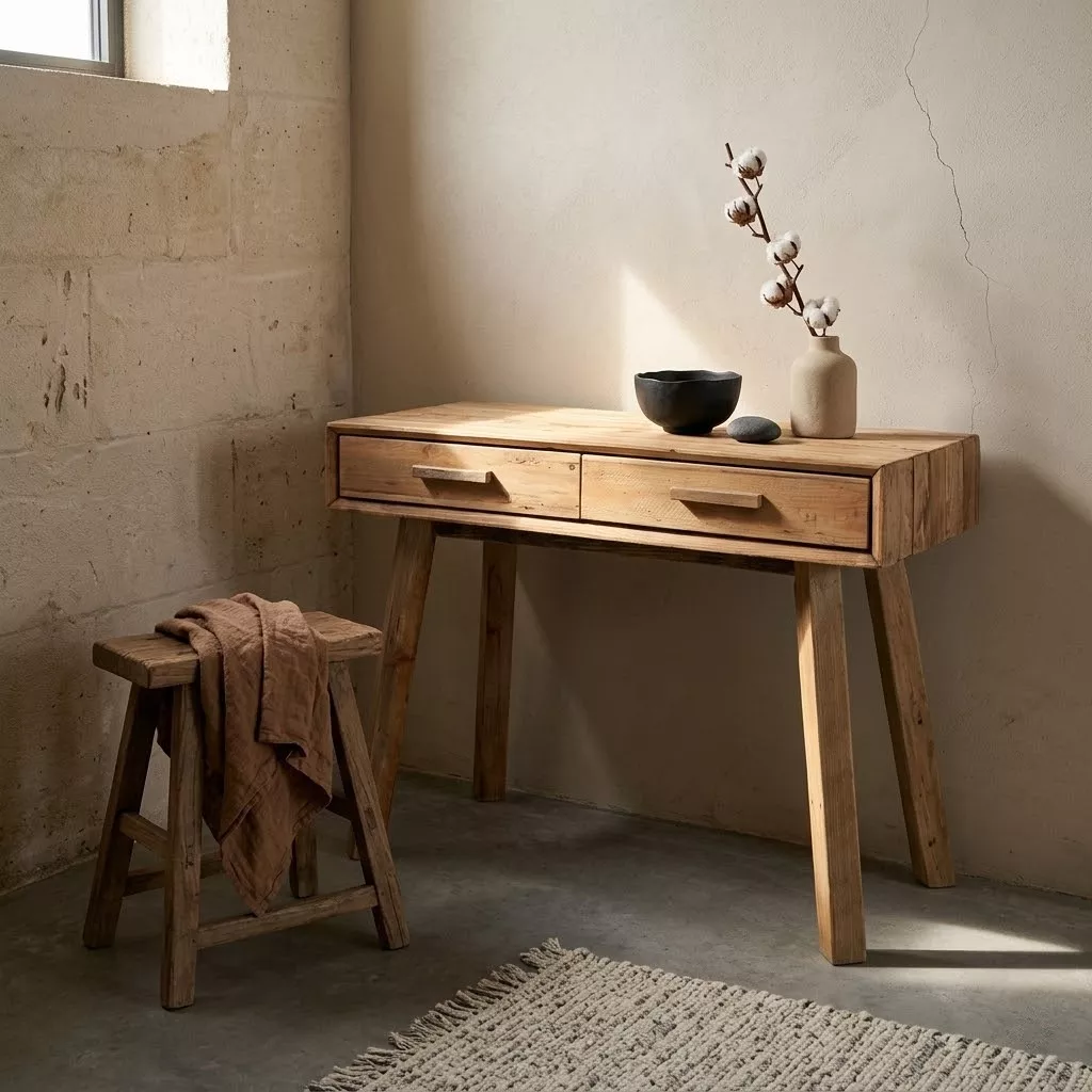 Console Kevin en pin recyclé naturel dans un intérieur japandi avec mur enduit beige, tabouret bois et vase céramique