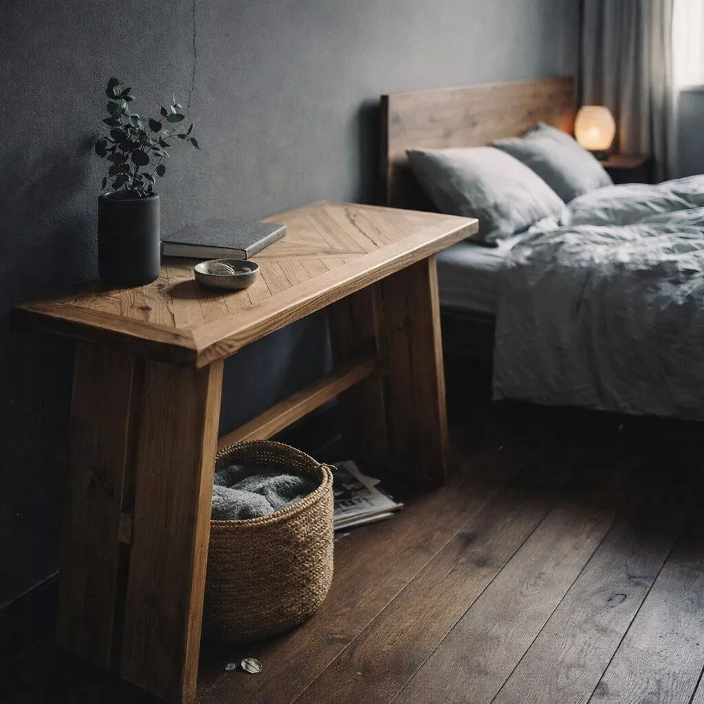 Console pin recyclé massif au plateau en épis, chambre japandi murs anthracite, panier fibre et lit en lin gris bleu chiné.