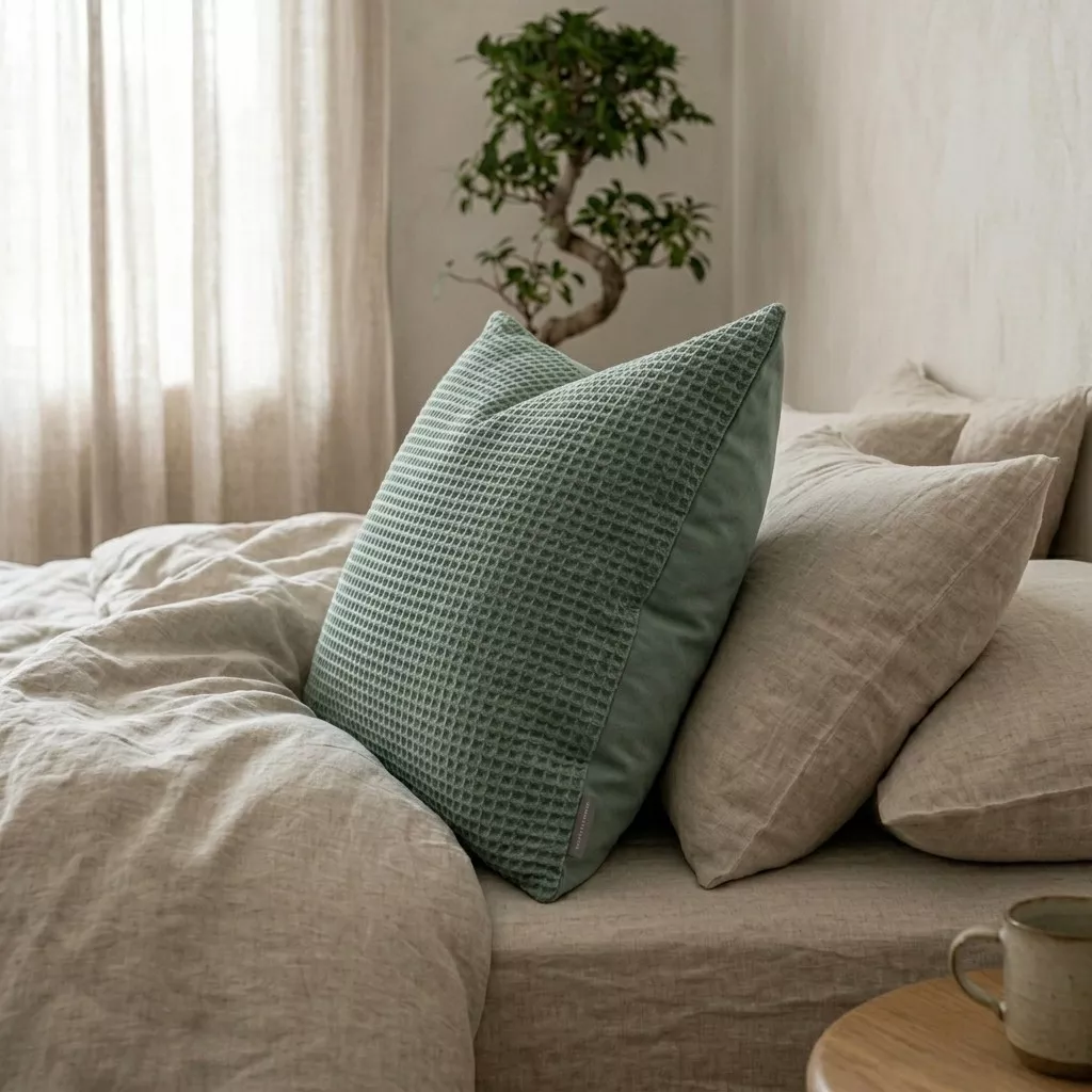 Coussin coton recyclé vert de gris sur lit en lin lavé sable, mur enduit clair, mug céramique noir mat à proximité.