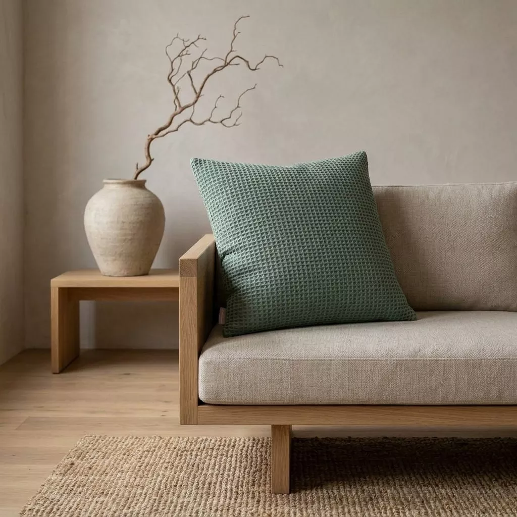 Coussin coton recyclé vert de gris sur canapé bois clair et lin sable, urne grès et branches sèches en arrière-plan.