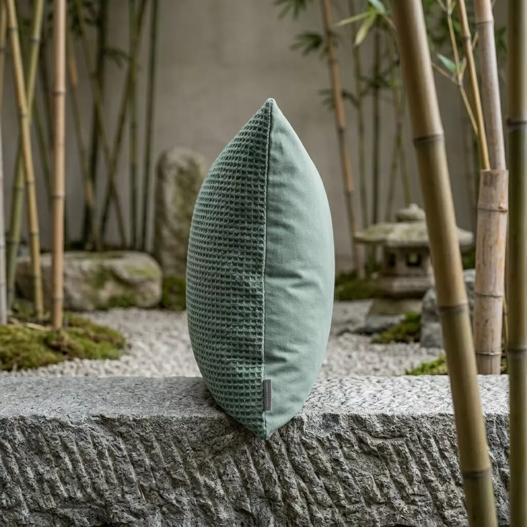 Coussin coton recyclé vert de gris posé de profil sur banc en pierre, jardin zen aux bambous, deux faces visibles.