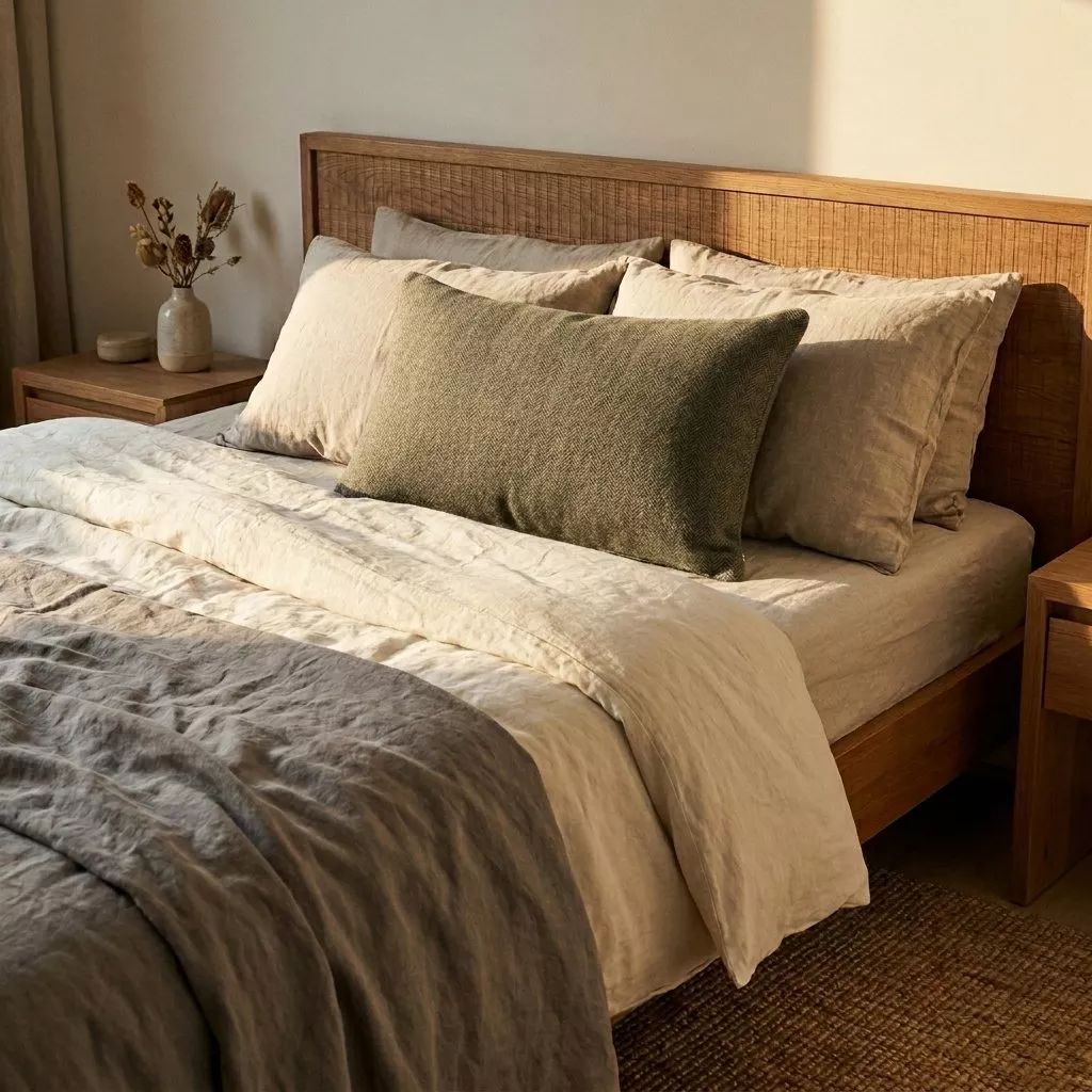 Coussin chevron vert olive sur lit en linge de lin sable, tête de lit cannage bois clair et branches séchées en vase