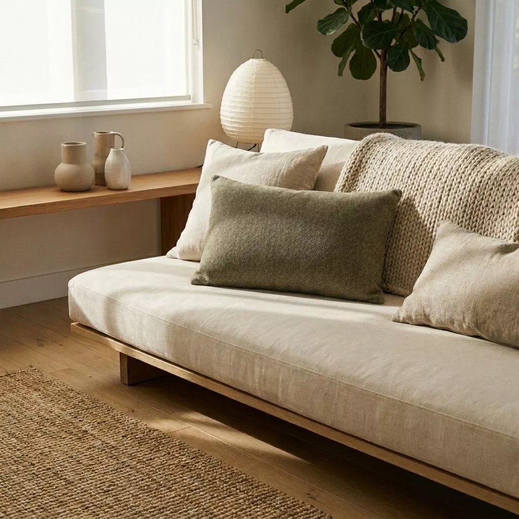 Coussin chevron vert olive sur canapé bas lin écru, lanterne papier blanche et vases céramique sur banc bois clair
