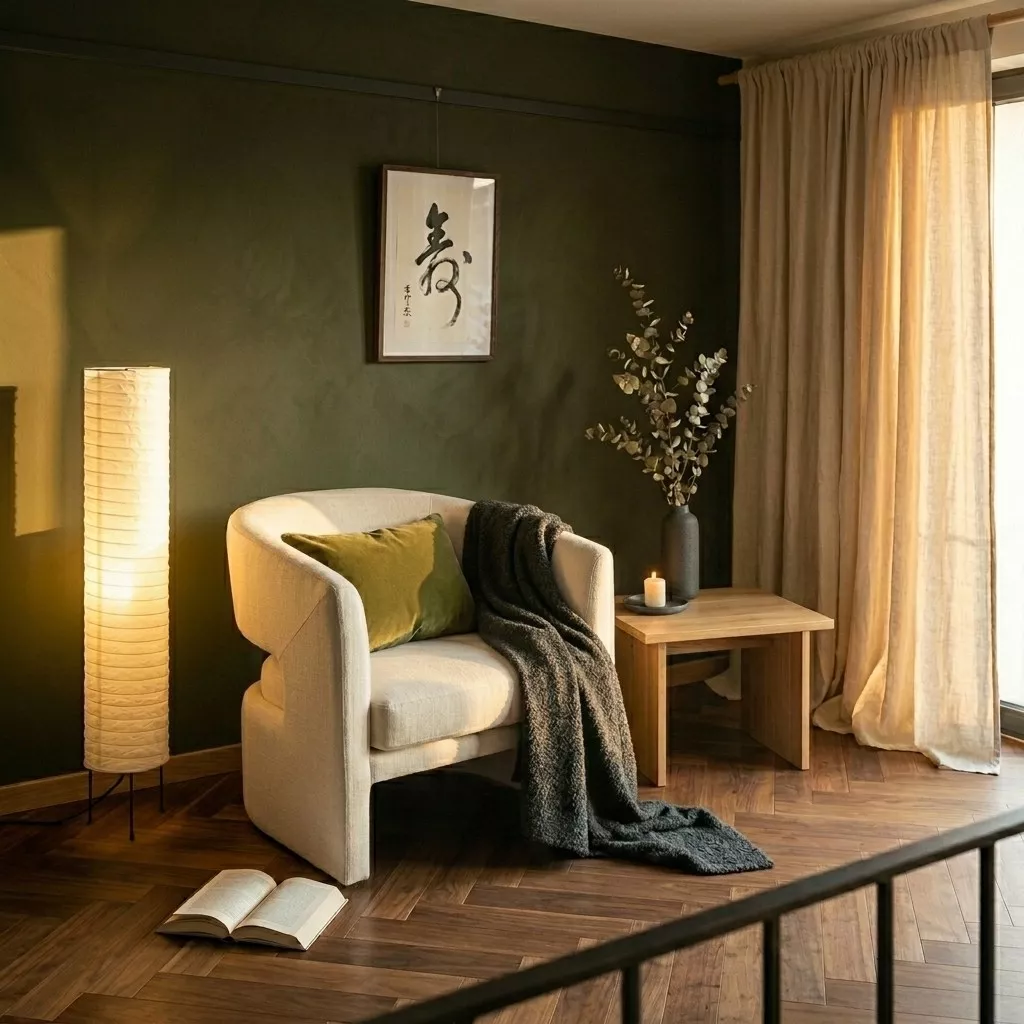 Fauteuil tapissé ivoire Tesia sur parquet chevron noyer dans mezzanine olive, lampe akari papier, textile mural rayé lin, livre au sol, rideau linen