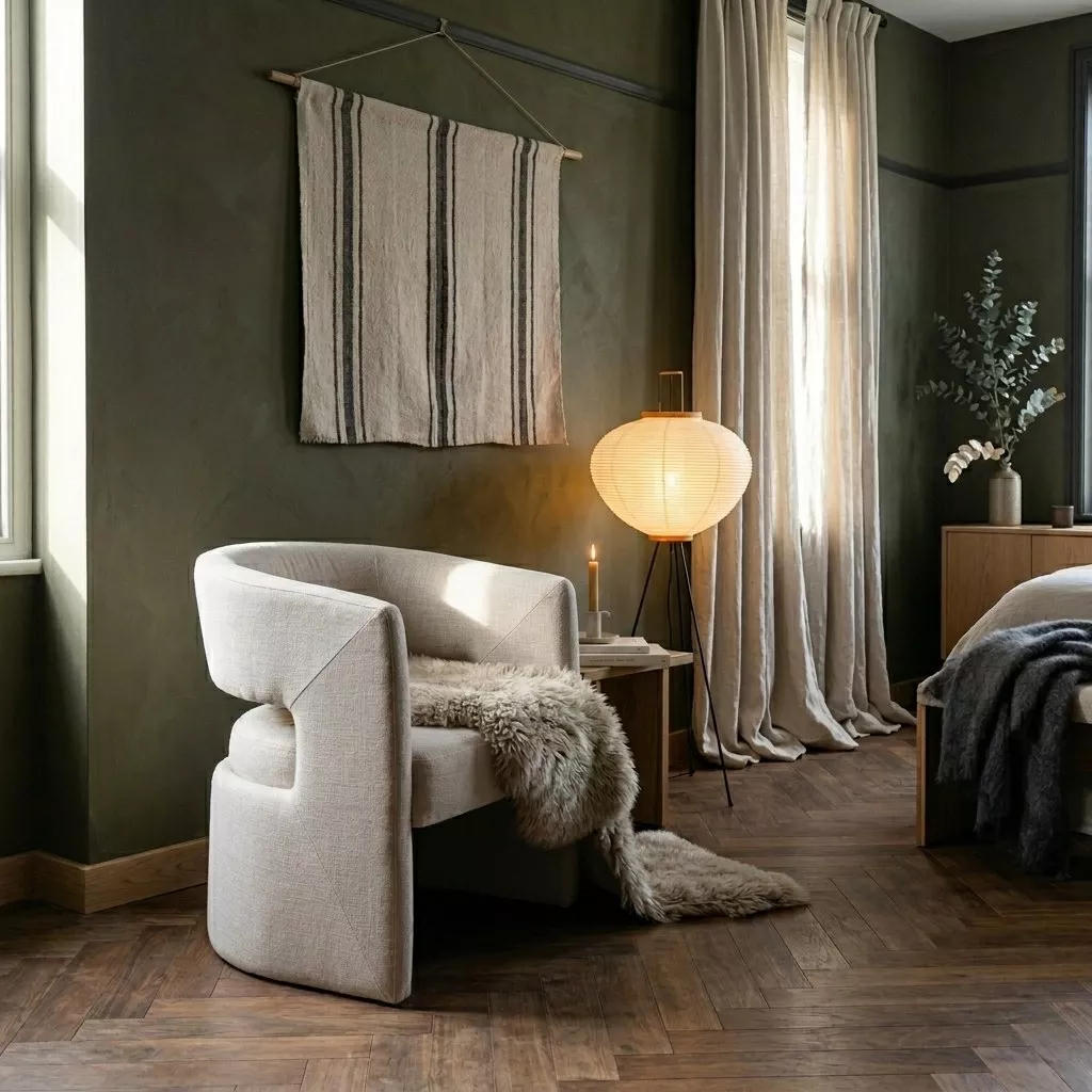 Vue arrière fauteuil tapissé ivoire Tesia dans chambre olive profond, lampe akari sphère, rideau linen beige contre-jour, lit gris en fond, eucalyptus