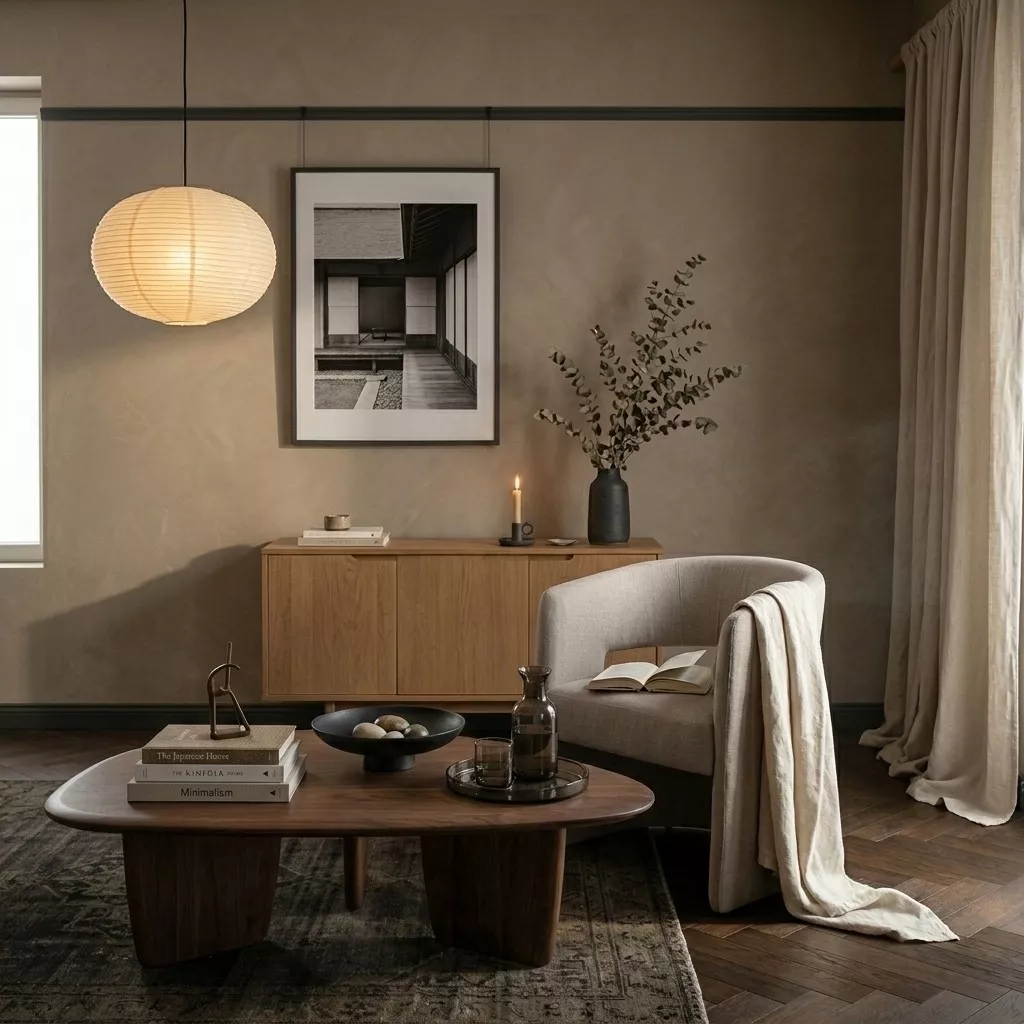 Fauteuil tapissé ivoire Tesia salon warm taupe, table basse noyer ronde, buffet chêne, plaid linen, pendentif akari, eucalyptus séché en vase