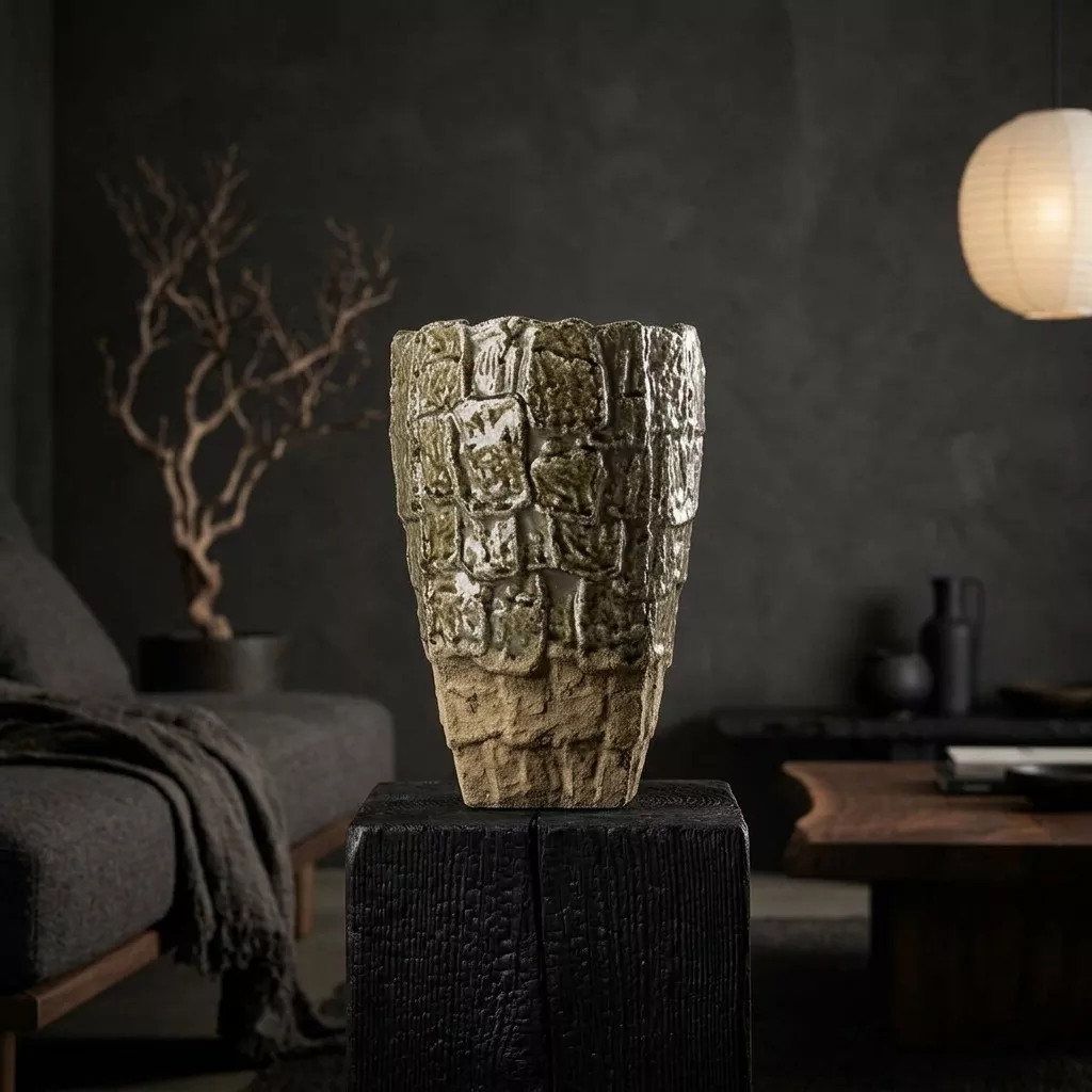 Grand vase en grès au relief façon pierre maçonnée, glaçure vert olive et base beige brut, posé sur un socle en bois sombre