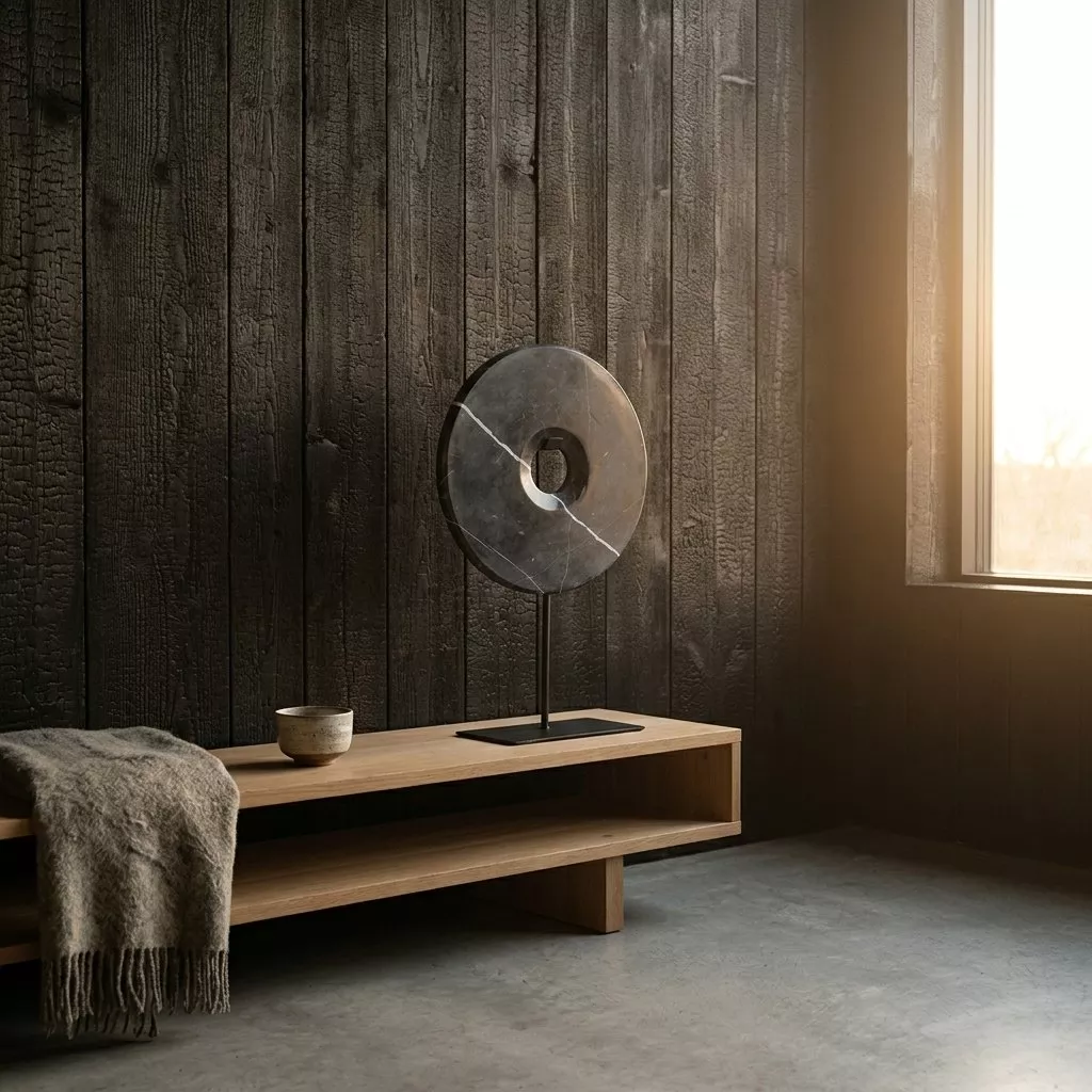 Disque en marbre noir veiné posé sur enfilade bois clair, mur en bois brûlé vertical, lumière naturelle traversante