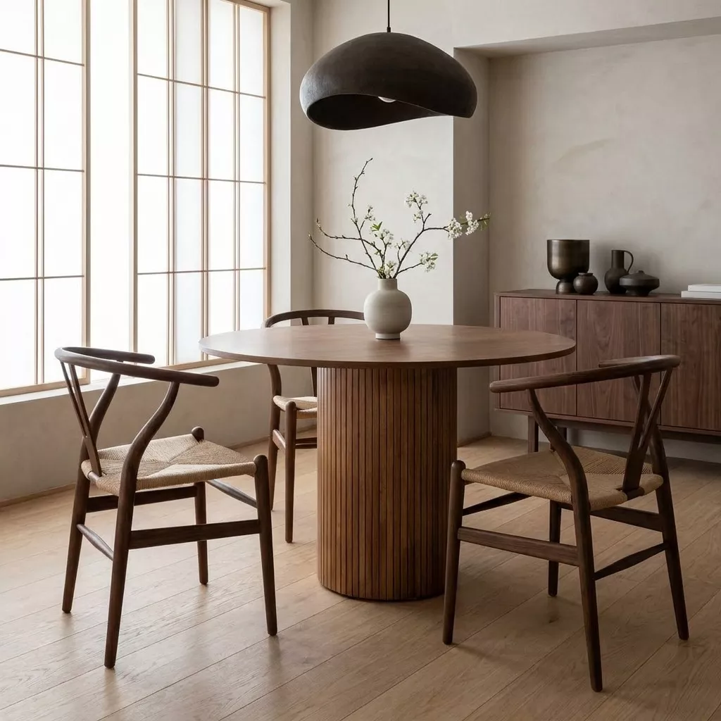 Table ronde placage noyer à base cannelée et chaises wishbone bois, suspension céramique noire d'esprit japandi.