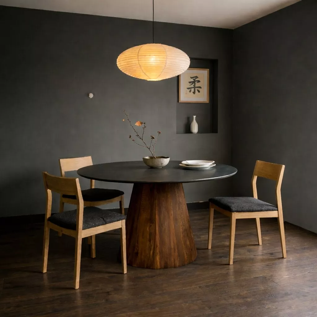 Table ronde à plateau noir et base en pin recyclé dans une salle à manger japandi, suspension en papier et mur gris