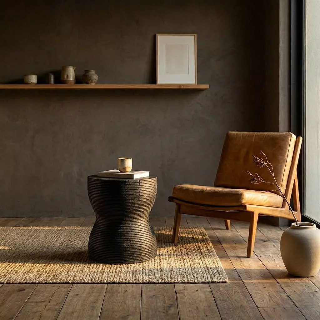 Tabouret en bois massif noir à silhouette sablier sur tapis en jute, fauteuil en cuir fauve et mur enduit sombre