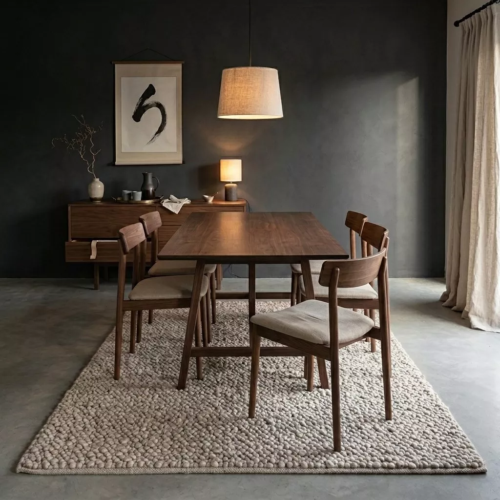 Tapis bouclette beige Noah sous une table à manger en noyer, salle à manger japandi au mur charbon, suspension en lin