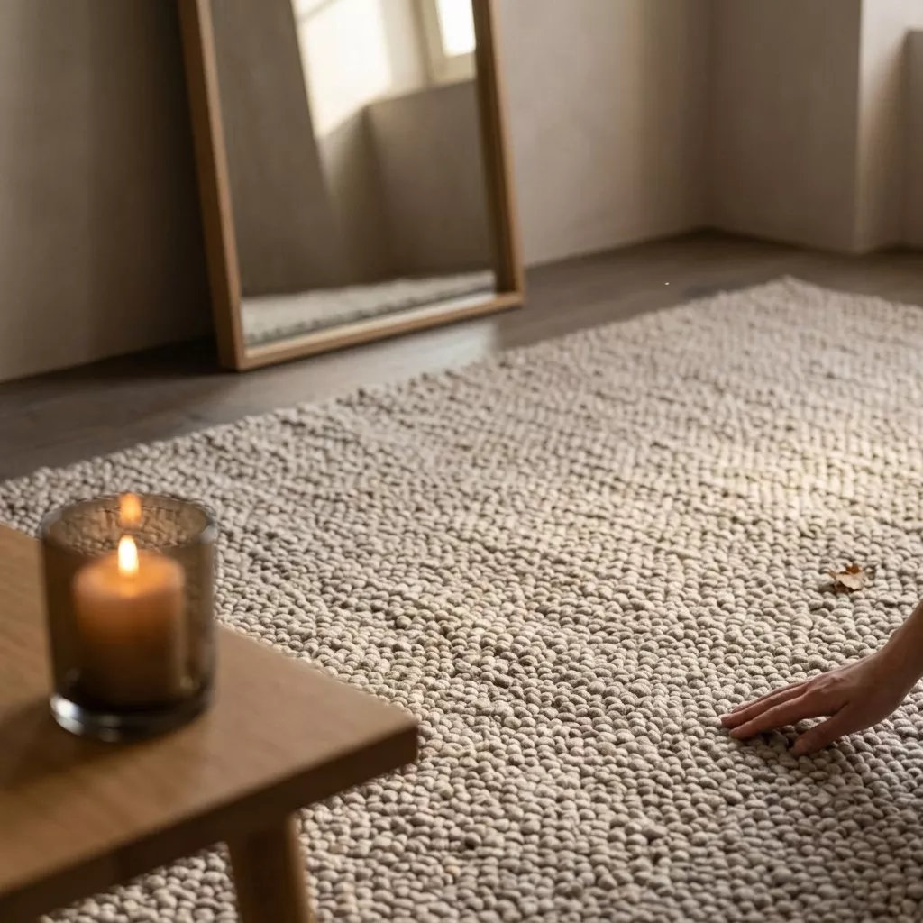 Tapis bouclette beige dans un dressing japandi, main effleurant la surface, mur grège, miroir bois et bougie votive fumée