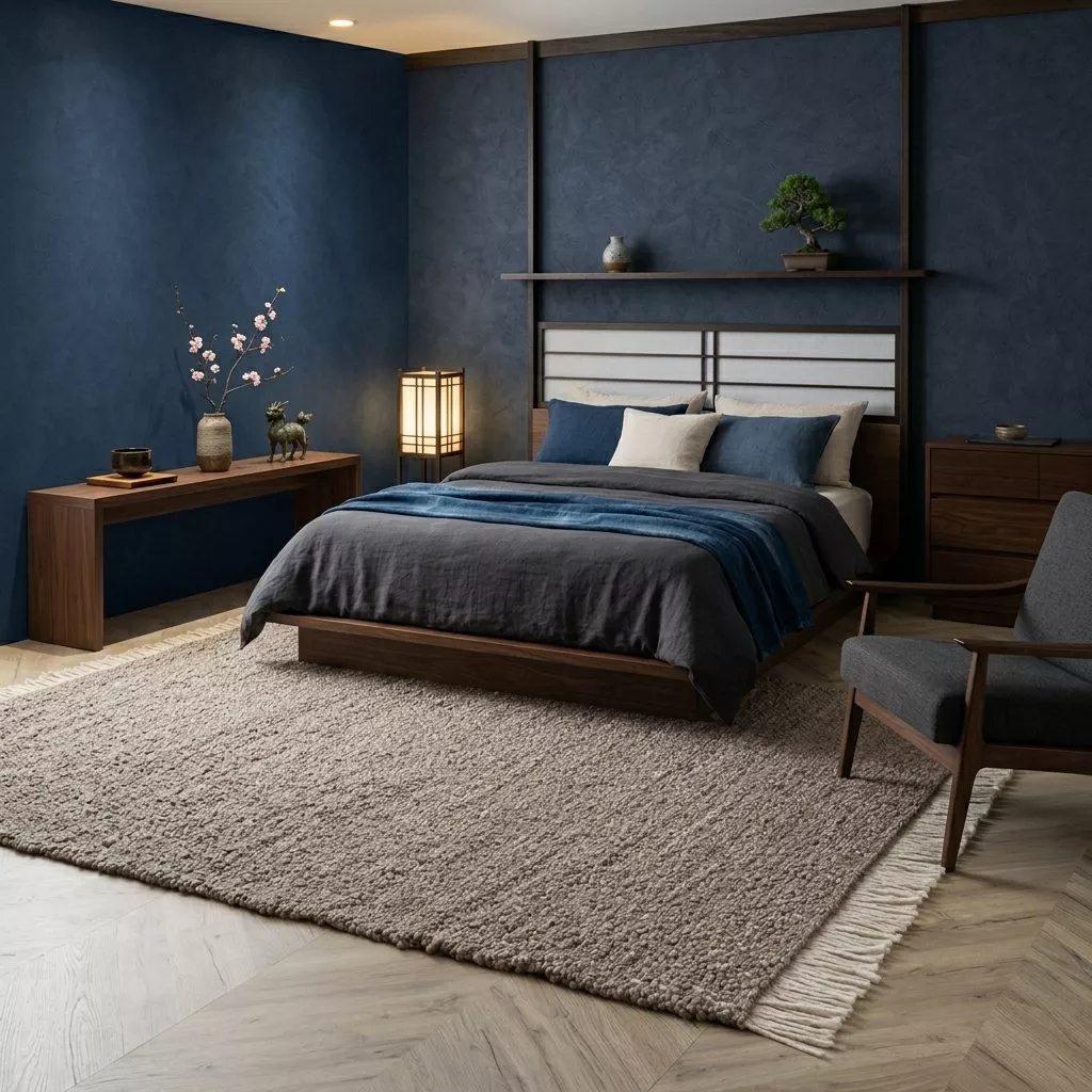 Tapis laine bouclé greige dans une chambre japandi aux murs bleu nuit, lit en noyer foncé, lampe shoji et bonsaï, parquet chevrons