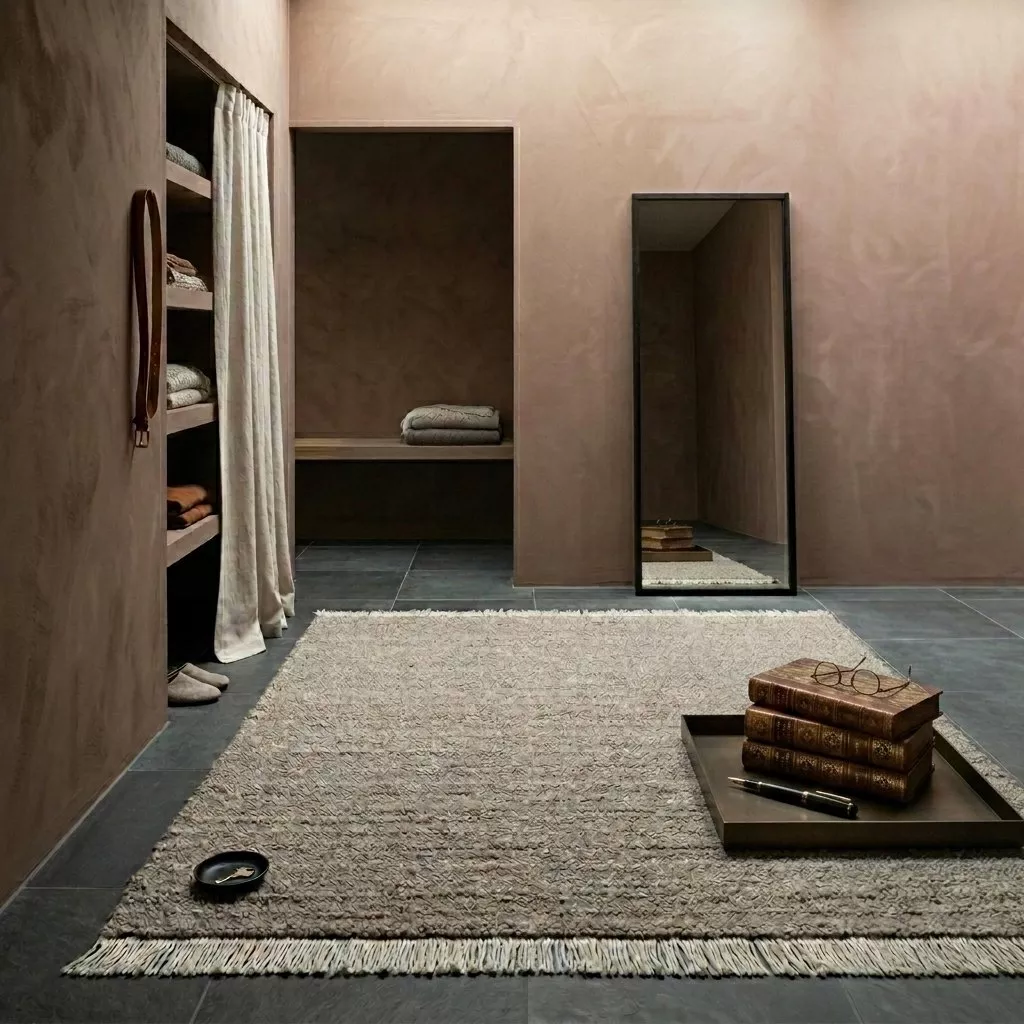 Tapis laine bouclé greige dans un dressing japandi, murs enduit argile rosé, sol ardoise et miroir plein pied