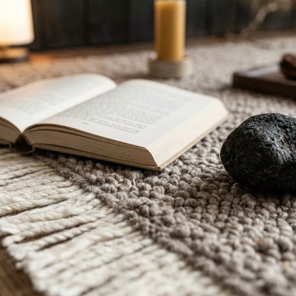 Vue rapprochée du tapis laine bouclé greige en contexte japandi, livre ouvert, pierre volcanique noire et bougie posés sur les boucles