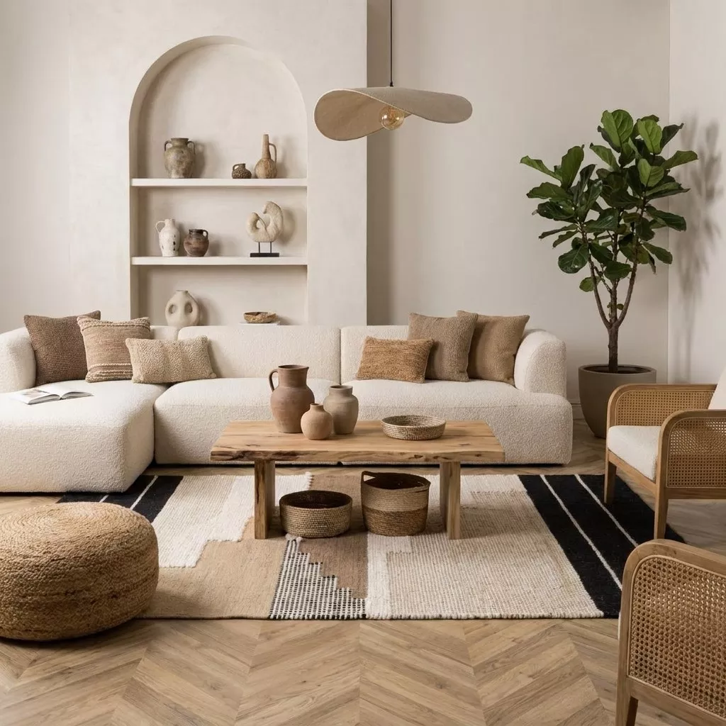Tapis kilim laine géométrique sous canapé boucle blanc XXL, salon enduit crème avec arche, ficus et chaises cannage