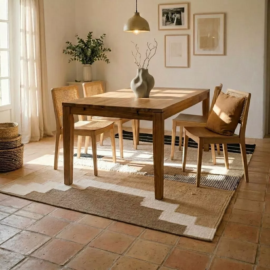 Tapis kilim laine géométrique beige et brun sous table à manger bois massif, sol tomettes terre cuite et chaises cannage