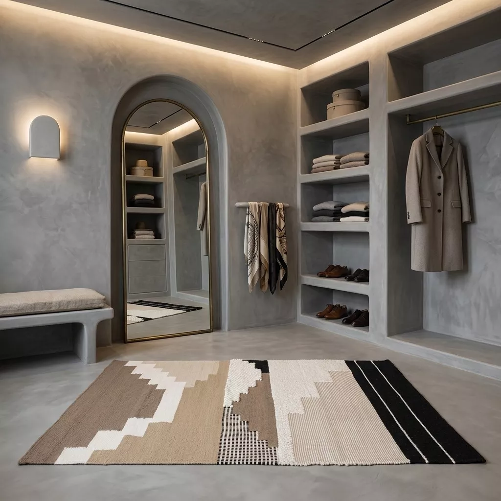 Tapis kilim laine géométrique dans un dressing béton gris, motifs escaliers beige-noir, miroir arche laiton en fond